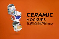 Ceramic tea cups mockup psd in abstract pattern home decor