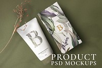 Floral skincare tube mockup psd beauty product packaging