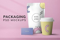 Pastel bag mockup psd with paper cup food and beverage packaging