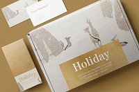 Christmas paper box mockup, package delivery with business card psd