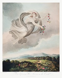 Flora Dispensing Her Favours on the Earth from The Temple of Flora (1807) by <a href="https://www.rawpixel.com/search/robert%20john%20thorton?sort=curated&amp;page=1">Robert John Thornton</a>. Original from Biodiversity Heritage Library. Digitally enhanced by rawpixel.