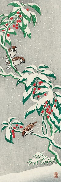 Sparrows on snowy berry bush (ca. 1900&ndash;1945) by <a href="https://www.rawpixel.com/search/Ohara%20Koson?sort=curated&amp;page=1">Ohara Koson</a>. Original from The Rijksmuseum. Digitally enhanced by rawpixel.