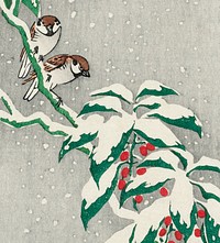 Sparrows on snowy berry bush (ca. 1900&ndash;1945) by <a href="https://www.rawpixel.com/search/Ohara%20Koson?sort=curated&amp;page=1">Ohara Koson</a>. Original from The Rijksmuseum. Digitally enhanced by rawpixel.