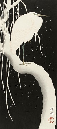 Heron in snow (ca. 1925&ndash;1936) by <a href="https://www.rawpixel.com/search/Ohara%20Koson?sort=curated&amp;page=1">Ohara Koson</a>. Original from The Rijksmuseum. Digitally enhanced by rawpixel.