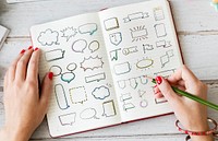 Hand drawn speech bubble doodle icons set on a notebook illustration