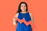 Portrait of a woman holding a downward graph arrow