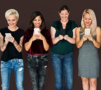 Group of friends are using smart phone and smiling