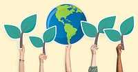Hands holding plants and the world clipart