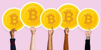 Hands holding up bitcoins clipart
