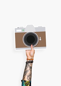Hand holding a camera cardboard prop