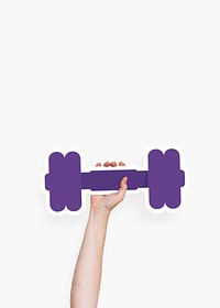 Hand holding a dumbbell cardboard prop