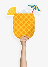 Hand holding a pineapple drink cardboard prop