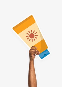 Hand holding a sun screen lotion cardboard prop