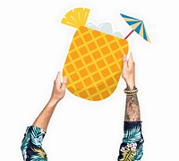 Hand holding a pineapple drink cardboard prop