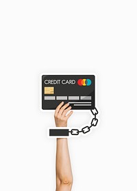 Hand holding a chained credit card cardboard prop