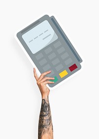 Hand holding a credit card machine cardboard prop