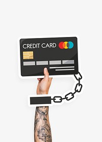 Hand holding a chained credit card cardboard prop