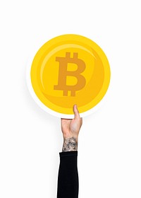 Hand holding a bitcoin cardboard prop