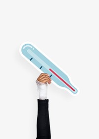 Hand holding a thermometer cardboard prop