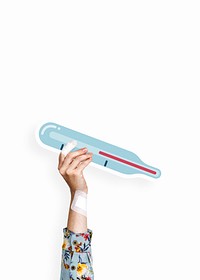 Hand holding a thermometer cardboard prop