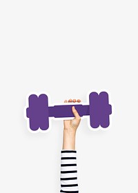 Hand holding a dumbbell cardboard prop