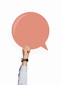 Hand holding a speech bubble graphic