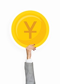 Hand holding yen gold coin clipart