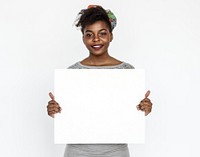 Woman holding a blank white board