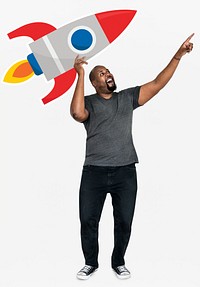 Cheerful man with a launching rocket symbol