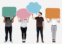People with speech bubbles and an individual standing out