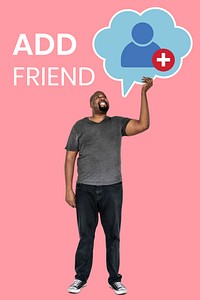Man holding an friend request symbol for social network