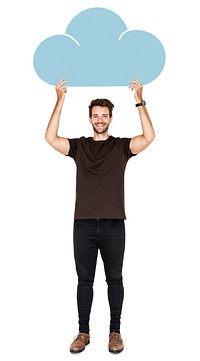 Cheerful man holding a blue cloud symbol
