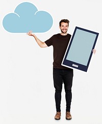 Cheerful man holding online cloud storage icons