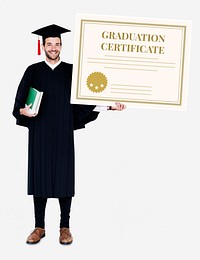 Male grad holding a graduation certificate