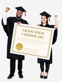Female and male grad holding a graduation certificate