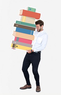 Young man carrying a stack of books