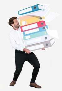 Young businessman carrying a stack of binders