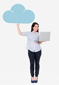 Cheerful woman using laptop and holding cloud storage icon
