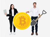 Businesspeople holding bitcoin cryptocurrency and mining concept icons