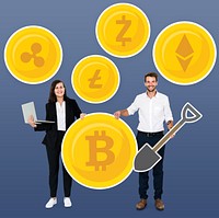 Businesspeople with various cryptocurrencies and mining concept icons