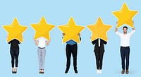 Diverse businesspeople showing golden star rating symbol