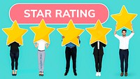 Diverse people showing golden star rating symbol