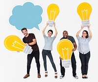 Group of diverse people with bright light bulbs and a blank speech bubble