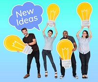 Diverse people with new ideas and bright light bulbs