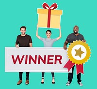 Cheerful people holding gifts and a text winner