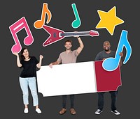 Cheerful diverse people  holding music icons