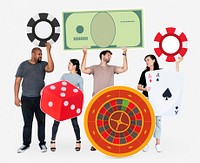Disappointed diverse people holding casino icons