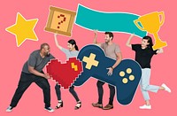 Playful diverse people holding gaming icons