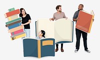 Diverse people holding book icons