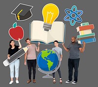 Diverse people holding education concept icons
